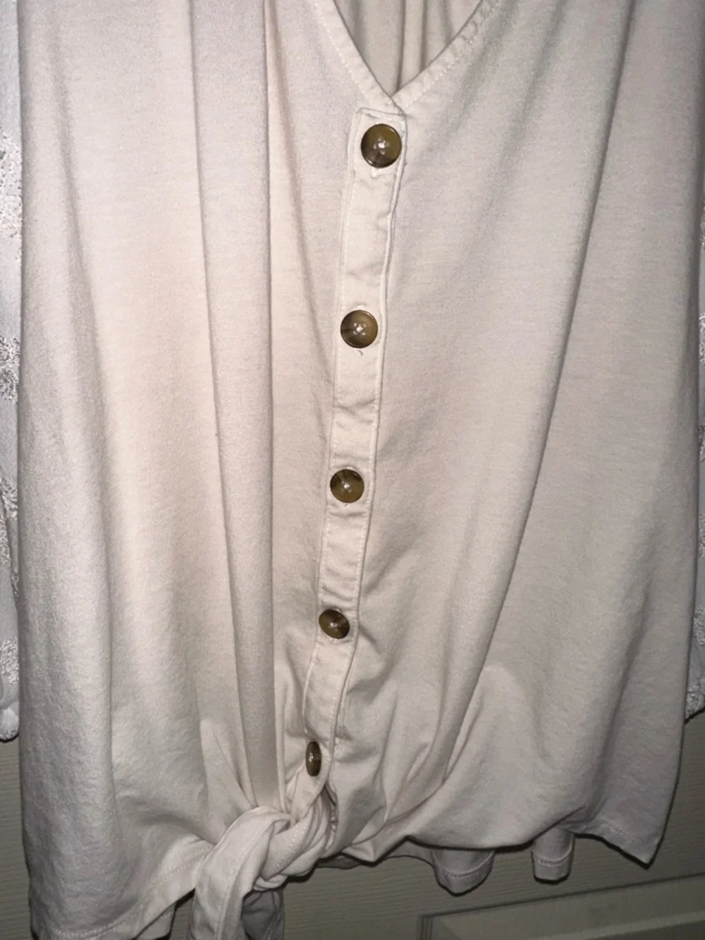 Anthropologie Cream Button-Front Blouse Lace Sleeves L mixed media cottagecore